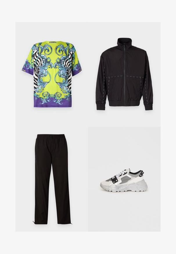 Casaco leve preto com gola alta e fecho de correr. Apresenta detalhes em costura branca nos ombros e mangas. Punhos elásticos.; T-shirt verde de manga curta com padrões barrocos azuis, listras de zebra nas laterais e detalhes roxos na bainha.; Calças leves pretas com cintura elástica, fecho por cordão ajustável e bainhas com fecho de correr para ajuste. Textura suave e elegante.; Tênis chunky com um design em branco e prata. Apresenta painéis de malha, detalhes em preto e atacadores brancos. Sola texturizada com um padrão elevado.