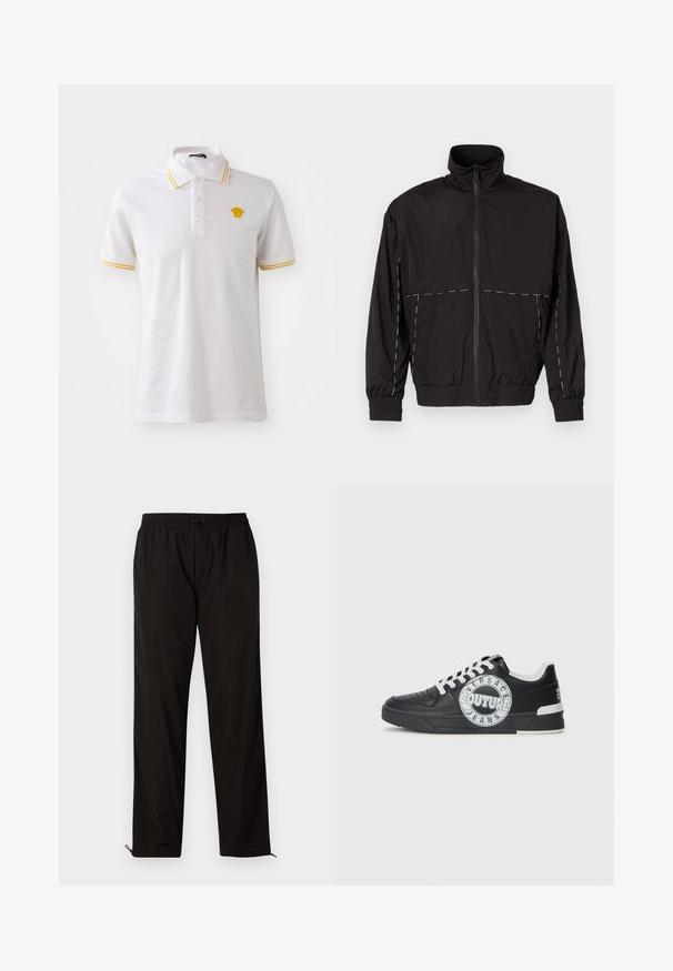 Fekete, könnyű dzseki magas gallérral és cipzáras záróval. Fehér varrási díszítésekkel a vállakon és az ujjakon. Rugalmas mandzsetták.; Fehér pamut póló sárga csíkos díszítéssel a galléron és az ujjakon, hímzett logóval a mellkason.; Fekete, könnyű nadrág, elasztikus derékkal, húzózsinórral és cipzáros szegélyekkel, amelyek lehetővé teszik az állítható illeszkedést. Simaság és elegáns textúra.; Fekete bőr edzőcipő fehér kiemelésekkel, kerek logó részletezéssel, perforált orral és kontrasztos talppal. Jellemzője a fehér fűző és a márkajelzés.