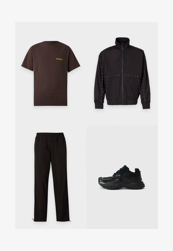 Fekete, könnyű dzseki magas gallérral és cipzáras záróval. Fehér varrási díszítésekkel a vállakon és az ujjakon. Rugalmas mandzsetták.; No Problemo MINI TEE - Basic póló - brown; Fekete, könnyű nadrág, elasztikus derékkal, húzózsinórral és cipzáros szegélyekkel, amelyek lehetővé teszik az állítható illeszkedést. Simaság és elegáns textúra.; Fekete atlétikai sportcipők hálós és velúrból készült anyaggal, texturált talppal, lekerekített orral és a Versace logójával az oldalon.