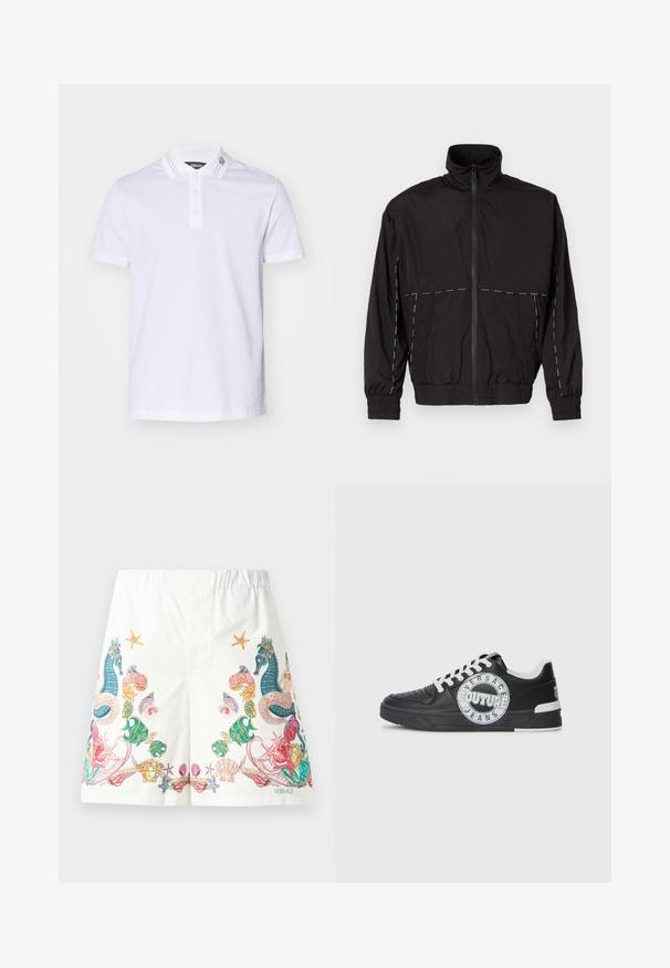 Must musta kerge jakk kõrge kaelusega ja tõmblukuga. Omab valgeid õmblusaktsente õlgadel ja varrukatel. Elastsed mansetid.; Valge puuvillane polo särk, klassikalise kraega, kus on kaks nuppu, lühikesed varrukad ja alatooni triibuline detail krael.; Valged lühikesed püksid, mis on valmistatud kangast ja millel on värvilised ookeaniteemalised graafikad, sealhulgas merikurgid, kestad ja tähtjalad, ning paelaga vöökoht.; Mustad nahast spordijalatsid valgete aktsentidega, ümmargune logode Detail, perforatsiooniga varbaosa ja kontrastne tallaosa. Omab valgeid paelu ja brändimist.