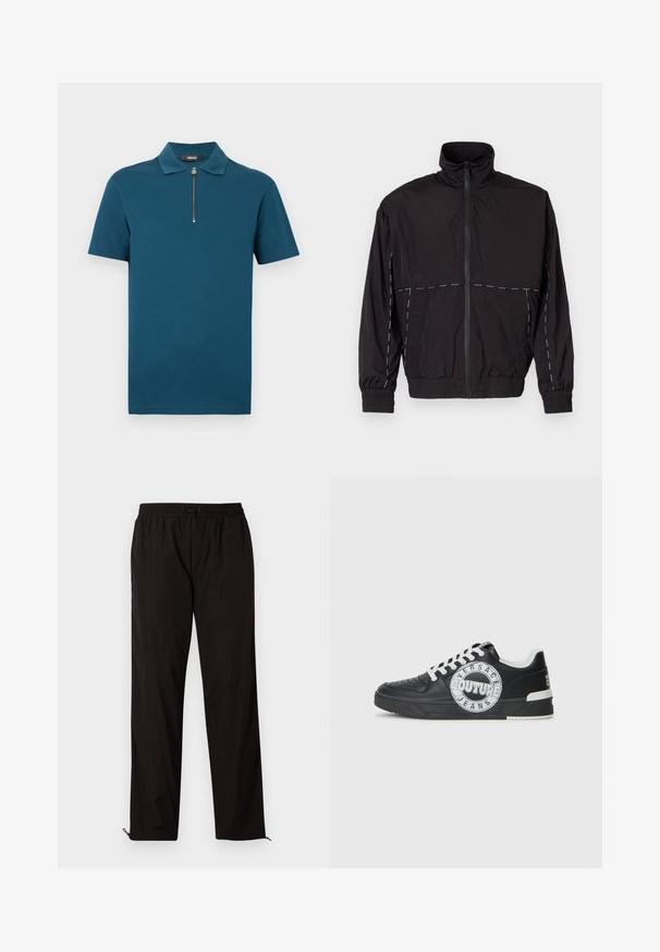 Fekete, könnyű dzseki magas gallérral és cipzáras záróval. Fehér varrási díszítésekkel a vállakon és az ujjakon. Rugalmas mandzsetták.; Zöldesszürke rövid ujjú galléros póló cipzáras nyakkal, fémes logóval díszítve. Sima anyagból készült, normál szabással.; Fekete, könnyű nadrág, elasztikus derékkal, húzózsinórral és cipzáros szegélyekkel, amelyek lehetővé teszik az állítható illeszkedést. Simaság és elegáns textúra.; Fekete bőr edzőcipő fehér kiemelésekkel, kerek logó részletezéssel, perforált orral és kontrasztos talppal. Jellemzője a fehér fűző és a márkajelzés.