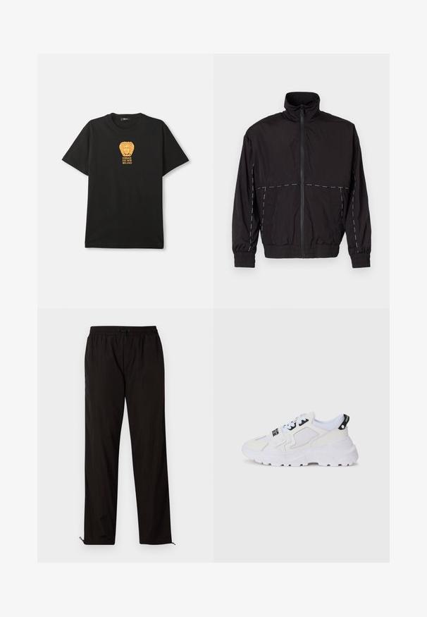 Černá lehká bunda s vysokým límcem a zipovým zapínáním. Má bílé prošívání na ramenou a rukávech. Elastické manžety.; Černé tričko s krátkým rukávem, které na hrudi zdobí zlatá hlava Medusy a text "Versace Est. 1978 Milano".; Černé lehké kalhoty s elastickým pasem, stahovací šňůrkou a zipovými nohavicemi pro nastavitelný střih. Hladká, elegantní textura.; Bílé atletické tenisky s síťovaným svrškem, silnou podrážkou a černými akcenty s potištěným logem. Strukturální a texturovaný design.