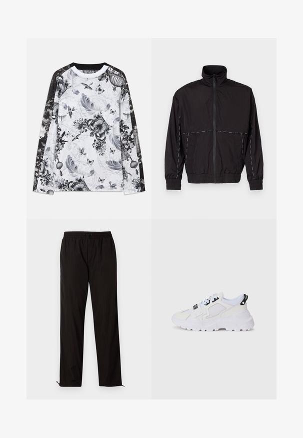 Juodas lengvas švarkas su aukštu apykakle ir užtrauktuku. Savybėje yra balti siuvinėjimo akcentai ant pečių ir rankovių. Elastingi rankogaliai.; Baltas marškinėliai ilgomis rankovėmis su juodomis rankovėmis, papuošti pilkų atspalvių plunksnų, paukščių, Drugelių, karūnų ir gėlių elementų raštais.; Juodos lengvos kelnės su elastingu juosmeniu, raišteliu ir užtrauktukais apačioje, kad būtų galima pritaikyti dydį. Lygus, glotnus paviršius.; Baltos sportinės kedai su tinkleliu viršuje, storu padu ir juodomis detalėmis bei atspaustu prekės ženklu. Tekstūruotas ir struktūruotas dizainas.