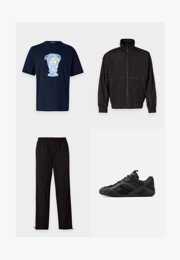 Czarna, lekka kurtka z wysokim kołnierzem i zapięciem na zamek. Posiada białe przeszycia na ramionach i rękawach. Elastyczne mankiety.; Granatowa bawełniana koszulka z graficznym nadrukiem klasycznego popiersia w pastelowych kolorach, ukazująca szczegółowe detale oraz luźny krój.; Czarne, lekkie spodnie z elastycznym paskiem w talii, z zapięciem na sznurek i zamkami błyskawicznymi przy nogawkach dla regulowanego dopasowania. Gładka, stylowa tekstura.; Czarnie buty sportowe z połączeniem gładkich i teksturowanych materiałów, wyróżniające się unikalnym wzornictwem, uformowaną podeszwą oraz wyraźnymi detalami marki.