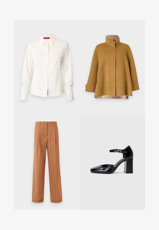 Senovinis geltonas vilnonis paltas su aukštu apykakle, dviem priekinėm kišenėm ir laisvu A formos siluetu. Yra smėlio spalvos pamušalas ir mygtukų uždarymas.; Balta apykaklė marškiniai iš sklandžios medžiagos, turintys ilgus rankovės, mygtukų užsegimą ir pritaikytą siluetą su subtiliais priekiniais įsiuvais formavimui.; Rudos dryžuoti kelnių su pritaikyta forma, pasižyminčios raukšlėmis, tiesiu kirpimu ir apdirbtu kraštu. Pagaminti iš lygios medžiagos.; Juodos lakuotos aukštakulnės bateliai su kvadratine nosimi, kulkšnies dirželiu ir masyviu kulnu. Apima perforuotus detalizavimus aplink kraštą.