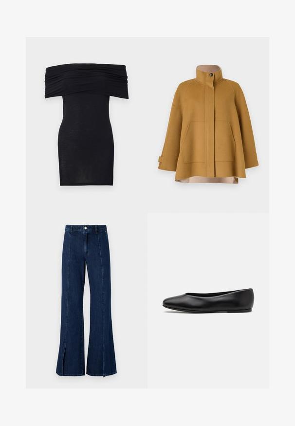 Un cappotto di lana giallo senape con un colletto alto, due tasche frontali e una silhouette ampia a forma di A. Presenta un rivestimento beige e chiusura con bottoni.; Abito nero scollato spalla a spalla con scollatura arricciata, vestibilità slim e texture liscia. Design minimalista, lunghezza al ginocchio senza ulteriori adornamenti.; Jeans di denim a gamba larga in blu scuro, con vita alta, spacchi all'orlo e design classico a cinque tasche con chiusura a bottone metallico.; Paul Smith TOPANGA - Ballerine - black