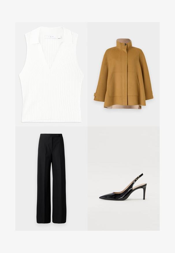 Musztardowa wełniana kurtka z wysokim kołnierzem, dwoma przednimi kieszeniami i luźnym krojem w kształcie litery A. Posiada beżową podszewkę i zapięcie na guziki.; Biała bezrękawnik z dekoltem w kształcie litery V i fakturą w prążki, z kołnierzykiem i dopasowanym krojem. Czyste linie z subtelnymi pionowymi paskami.; Szerokie czarne spodnie o gładkiej, matowej fakturze. Płaski pas bez widocznych elementów metalowych czy wzorów. Prosty i elegancki krój.; Czarne lakierowane szpilki typu slingback z szpiczastym noskiem, smukłym obcasem i subtelnym wycięciem. Posiadają złotą klamrę na pasku.