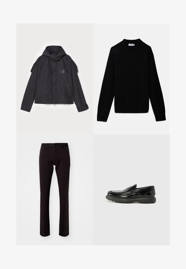 Sort jakke med hætte, lavet af glat stof. Har lynlåslukning foran, sidelommer og skulderdetaljer. Simpel design med et mærke.; Sort sweater med en ribbet rund halsudskæring, lange ærmer og et tekstureret strikmønster. Ingen synlige logoer eller udsmykninger.; Theory RAFFI NEOTERIC - Bukser - hickory; Sort læderloafer med en blank finish, rund tå, subtile syninger og en tyk gummisål for holdbarhed.