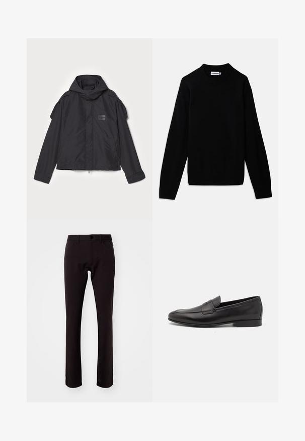 Černá bunda s kapucí, vyrobená z hladké tkaniny. Obsahuje zapínání na zip vpředu, boční kapsy a akcenty na ramenou. Jednoduchý design s štítkem.; Černý svetr s žebrovaným kulatým výstřihem, dlouhými rukávy a texturovaným pleteným vzorem. Žádné viditelné logo ani ozdoby.; Theory RAFFI NEOTERIC - Kalhoty - hickory; Černé kožené pánské mokasíny s nízkým podpatkem a klasickým designem se sponou, zobrazené v bočním profilu na bílém pozadí.