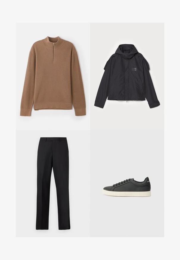 Mustatakki hupulla, valmistettu sileästä kankaasta. Ominaisuuksiin kuuluu vetoketjukiinnitys edessä, sivutaskut ja olkakorostukset. Yksinkertainen muotoilu, jossa on etiketti.; Ruskea ribattu neulepaita korkealla kauluksella ja puoliveto-aukolla. Ominaisuuksiin kuuluvat pitkät hihat ja suora helma, jossa on sivuaukot liikkumisen helpottamiseksi.; Mustat, suorat housut, jotka on valmistettu sileästä kankaasta. Niissä on tavallinen vyötärönauha, eikä niissä ole näkyviä kuvioita tai koristeita.; Musta nahkakenkä, jossa on matala profiili, pyöreä kärki ja nauhakiinnitys; siinä on tekstiilipohja ja logoyksityiskohta kantapäässä.