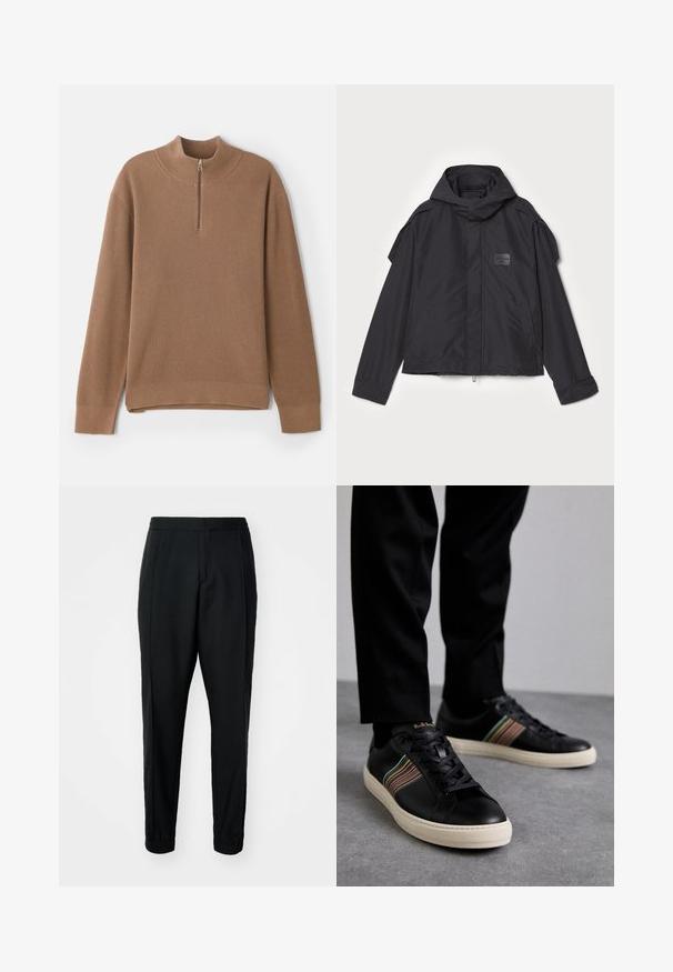 Musthaveheide mustaghuri hoodiga, valge catsosta. Omab esist zip ja külge taskud, õlavarre aksendid. Lihtne disain ja silt.; Pruun soonikkangast pullover kõrge kaelusega ja poole tõmblukuga. Omab pikki varrukaid ja sirget allääret külgservadega, et võimaldada mugavat liikumist.; Mustad mustad püksid sujuva tekstuuriga, elastse vöökoha ja mansettidega. Esiküljel on pleedid, mis annavad sellele vormitud välimuse.; Mustad nahast spordijalatsid mitmevärviliste triipudega aktsentide, ümmarguse nina, ja valgete kummist talladega, omades paeladese disaini ja volditud brändimist.