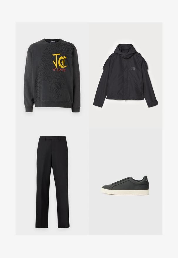 Black jacket with a hood, made of smooth fabric. Features a zip front, side pockets, and shoulder accents. Simple design with a label.; Black sweatshirt featuring a leopard graphic and "JC MILANO" text in yellow and red. Made of soft fabric with ribbed cuffs.; Black, straight-leg trousers made of smooth fabric. Features a standard waistband and no visible patterns or accents.; Black leather sneaker with a low profile, rounded toe, and lace-up closure; features a textured rubber sole and logo detail on the heel.