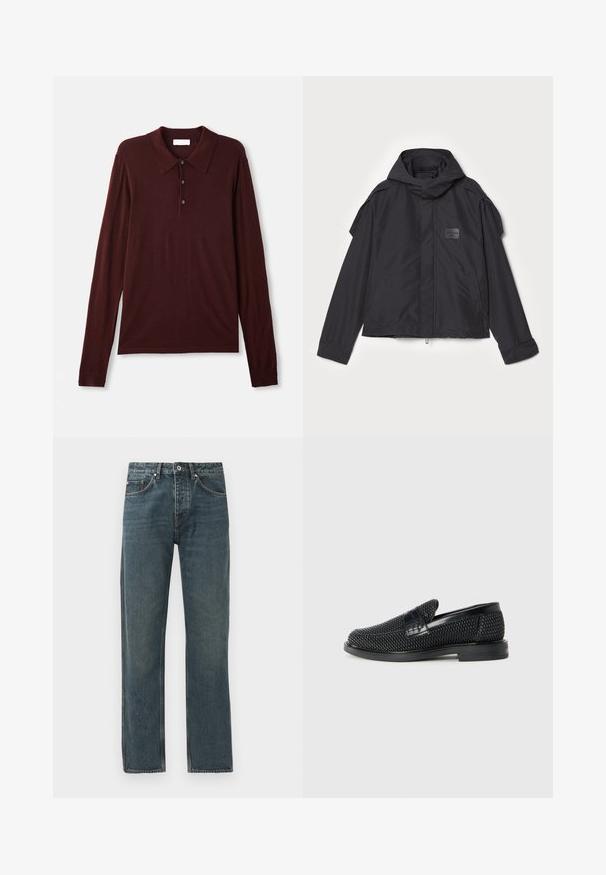 Čierna bunda s kapucňou, vyrobená z hladkej tkaniny. Obsahuje predný zips, bočné vrecká a ramenné akcenty. Jednoduchý dizajn so štítkom.; Dlhý rukáv, tmavobordový polo tričko z jemného materiálu. Má klasický golier, tri gombíky pri zapínaní a priliehavé manžety.; Tmavomodré denimové džínsy so rovnými nohavicami, s piatimi vreckami, zapínaním na gombík a kontrastným prešívaním.; Čierne tkané slip-on topánky s hladkým koženým akcentom na vrchnej časti, s okrúlym dizajnom špičky a nízkoprofilovou gumovou podrážkou.