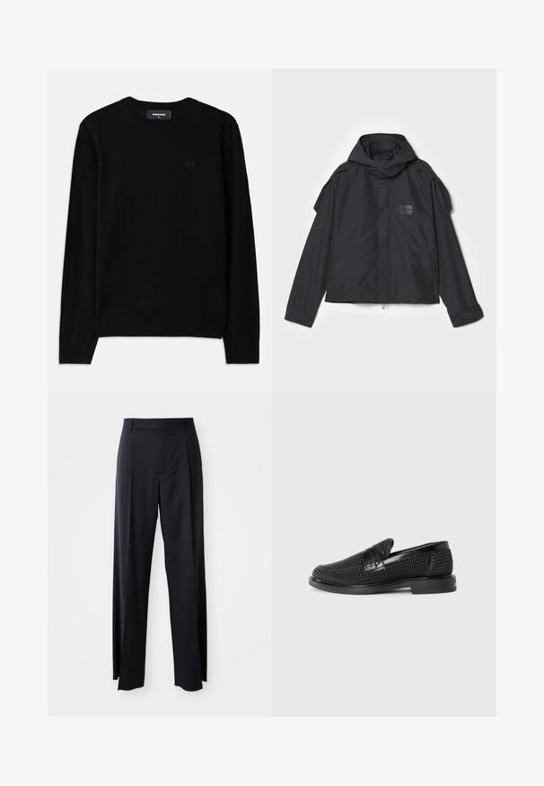 Giacca nera con cappuccio, realizzata in tessuto liscio. Presenta una chiusura frontale con zip, tasche laterali e dettagli sulle spalle. Design semplice con un'etichetta.; Maglione nero a collo rotondo realizzato in morbido tessuto. Presenta maniche lunghe e un sottile dettaglio logo D2 sulla parte anteriore. Design semplice e classico.; Pantaloni neri a vita alta con gamba larga, realizzati in tessuto liscio. Presentano pieghe frontali e passanti per cintura. Design minimalista, senza hardware visibile.; Scarpa nera a mocassino intrecciata con un accentuato in pelle liscia sulla parte superiore, design a punta rotonda e suola in gomma a profilo basso.