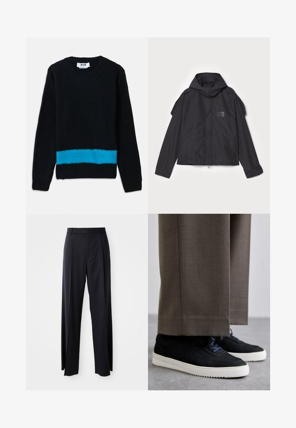Čierna bunda s kapucňou, vyrobená z hladkej tkaniny. Obsahuje predný zips, bočné vrecká a ramenné akcenty. Jednoduchý dizajn so štítkom.; Čierny pletený sveter s ryhovanou textúrou, s horizontálnym tyrkysovým pruhom na spodnej časti. Klasický okrúhly výstrih a dlhé rukávy.; Čierne, vysoké nohavice so širokým strihom, vyrobené z hladkej látky. Obsahujú predné skladby a pútka na opasok. Minimalistický dizajn, bez viditeľnej kovania.; Čierne semišové tenisky s bielymi gumovými podrážkami, s okrúhlym prstom a šnúrkami, nosené s šedými vypracovanými nohavicami.