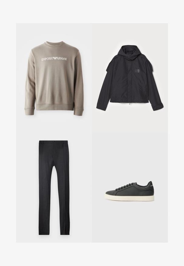 Čierna bunda s kapucňou, vyrobená z hladkej tkaniny. Obsahuje predný zips, bočné vrecká a ramenné akcenty. Jednoduchý dizajn so štítkom.; Sivý bavlnený sveter s rebrovanými manžetami a výstrihom. Na hrudníku sa nachádza biele logo "EMPORIO ARMANI". Mäkká textúra a jednoduchý dizajn.; Emporio Armani TROUSER - Nohavice - nero; Čierne kožené tenisky s nízkym profilom, zaoblenou špičkou a šnurovaním; obsahujú textúrovanú gumovú podrážku a logo na päte.