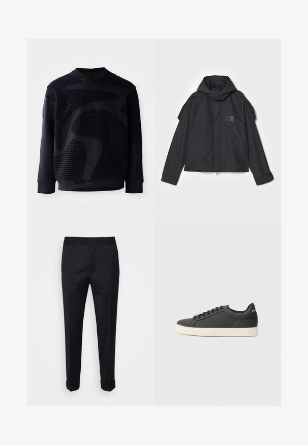 Černá bunda s kapucí, vyrobená z hladké tkaniny. Obsahuje zapínání na zip vpředu, boční kapsy a akcenty na ramenou. Jednoduchý design s štítkem.; Černá mikina s texturovanou tkaninou, s výrazným tónovým vzorem a kulatým výstřihem; dlouhé rukávy s žebrovanými manžetami a spodním lemem.; Černé kalhoty vyrobené z lehkého materiálu, s elastickým pasem, bočními kapsami a ohrnutými lemy. Hladký povrch s předními sklady.; Černé kožené tenisky s nízkým profilem, zaoblenou špičkou a šněrováním; mají texturovanou gumovou podrážku a logo na patě.