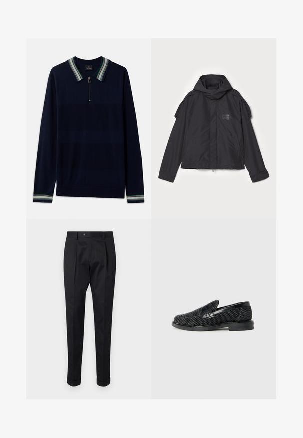 Fekete kapucnis dzseki, sima anyagból készült. Elöl zipzárral záródik, oldalsó zsebekkel és vállrész kiemelésekkel rendelkezik. Egyszerű dizájn jellemzi, címkével.; Tengerészkék hosszú ujjú póló ing, félig cipzáros nyakkal, zöld, fehér és lila csíkokkal díszített gallérral. Puha kötött textúra.; Fekete nadrág sima anyagból, elöl hajtással, gombos záródással és felgöngyölt szárakkal a bokánál.; Fekete szőtt slip-on cipő sima bőr díszítéssel a felsőrészen, kerek orral és alacsony profilos gumitalppal.