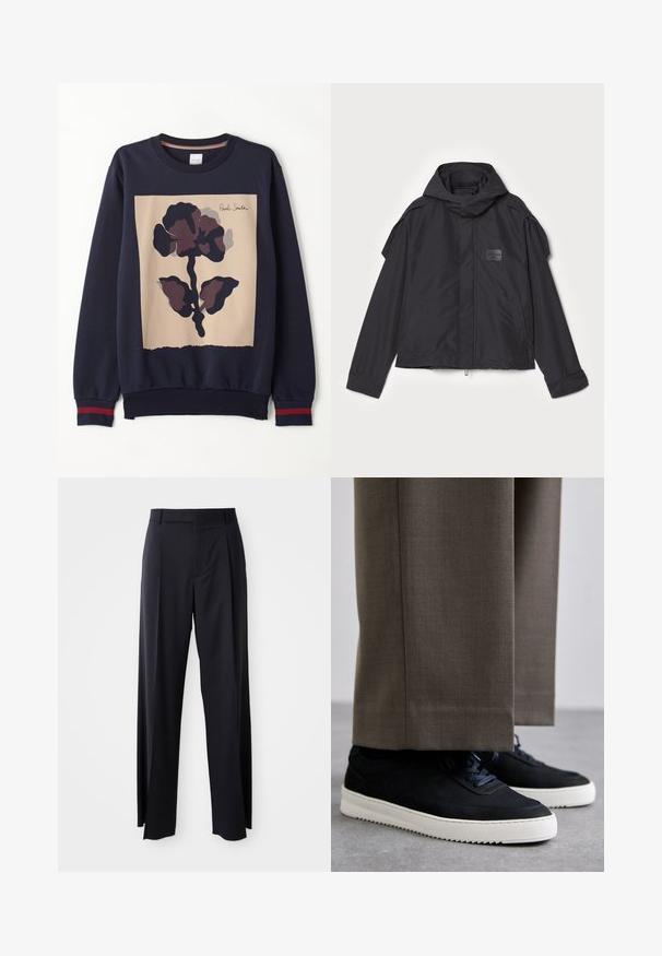 Czarna kurtka z kapturem, wykonana z gładkiego materiału. Posiada zamek z przodu, boczne kieszenie i akcenty na ramionach. Prosty design z metką.; Granatowy sweter z centralnym beżowym panelem, ozdobiony dużym ciemnym kwiatowym wzorem. Ściągacze rękawów z czerwonymi akcentami. Miękki materiał.; Czarne, wysokie spodnie o szerokim kroju, wykonane z gładkiego materiału. Posiadają zakładki z przodu i paski na pasek. Minimalistyczny design, bez widocznych elementów metalowych.; Czarne zamszowe sneakersy z białymi gumowymi podeszwami, z zaokrąglonym noskiem i sznurówkami, noszone z szarymi dopasowanymi spodniami.