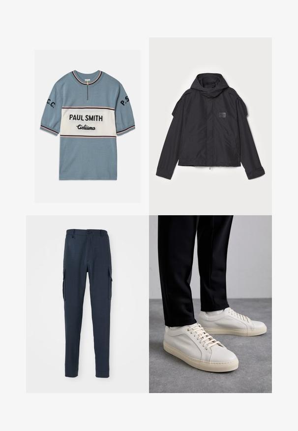 Schwarze Jacke mit Kapuze, aus glattem Stoff. Verfügt über einen Reißverschluss vorne, seitliche Taschen und Schulterakzente. Einfaches Design mit einem Etikett.; Kurzärmliger blauer Pullover mit einem weißen horizontalen Streifen. Beinhaltet "PAUL SMITH" und "Ciclismo" in schwarzem Text, mit pinken und schwarzen Streifen an den Rändern.; Marinefarbene Cargo-Hosen aus strukturiertem Stoff, schlanker Schnitt, Knopfverschluss an der Taille und seitliche Taschen für zusätzlichen Komfort.; Helle beigefarbene Leder-Sneaker mit flachen Schnürsenkeln, einer strukturierten Oberfläche und einer kontrastierenden, cremefarbenen Gummisohle, kombiniert mit schwarzen eng geschnittenen Hosen.