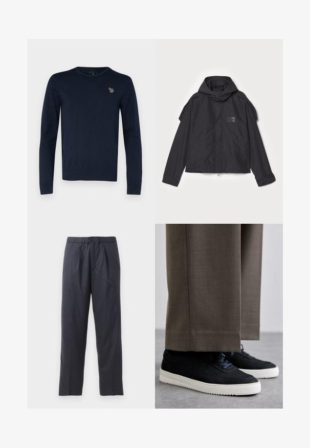 Fekete kapucnis dzseki, sima anyagból készült. Elöl zipzárral záródik, oldalsó zsebekkel és vállrész kiemelésekkel rendelkezik. Egyszerű dizájn jellemzi, címkével.; Sötétkék kötött pulóver kerek nyakkal, hosszú ujjakkal, és egy kis hímzett állatmintával a mellkasán. Puha tapintás, bordás szegély.; Sötét tengerészkék nadrág, puha anyagból, plissézett elejű kialakítással és gumis derékkal. Gombos záródással és egyenes szárú szabással rendelkezik.; Fekete velúr sportcipők fehér gumitalppal, kerek orrú, fűzős kialakítással, szürke, szabott nadrággal párosítva.