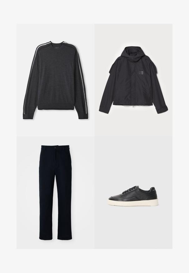 Μαύρο μπουφάν με κουκούλα, κατασκευασμένο από λεία ύφανση. Διαθέτει φερμουάρ μπροστά, πλάγιες τσέπες και διακρίσεις στους ώμους. Απλός σχεδιασμός με ετικέτα.; Σκούρο γκρι πουλόβερ με μακρύ μανίκι, στρογγυλή λαιμόκοψη, λευκές πλευρικές ρίγες, ριγωτές μανσέτες και περιθώριο, με μια διακριτική λογότυπο στο στήθος.; Κοντό παντελόνι σκούρου μπλε χρώματος, φτιαγμένο από βαμβάκι, με ίσια γραμμή, μπροστινό κλείσιμο με κουμπί και κλασική ζώνη με θηλιές.; Μαύρο δερμάτινο sneaker με υφή, στρογγυλή μύτη και επίπεδη λευκή καουτσούκ σόλα. Διαθέτει μαύρες δέσιμο και λογότυπο στη φτέρνα.