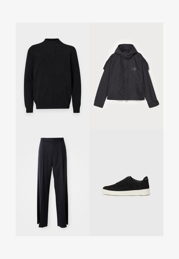 Schwarze Jacke mit Kapuze, aus glattem Stoff. Verfügt über einen Reißverschluss vorne, seitliche Taschen und Schulterakzente. Einfaches Design mit einem Etikett.; Schwarzer gestrickter Pullover mit hohem Kragen, langen Ärmeln und geripptem Muster. Einfaches, einfarbiges Design mit lockerer Passform und ohne sichtbare Muster.; Schwarze, hoch taillierte Hose mit weitem Bein, aus glattem Stoff. Verfügt über vorne gelegte Falten und Gürtelschlaufen. Minimalistisches Design, ohne sichtbare Beschläge.; Schwarze Wildleder-Sneaker mit Schnürdesign und kontrastierender weißer Gummisohle. Verfügt über strukturierte Seitenpaneele und dezentes Branding an der Ferse.