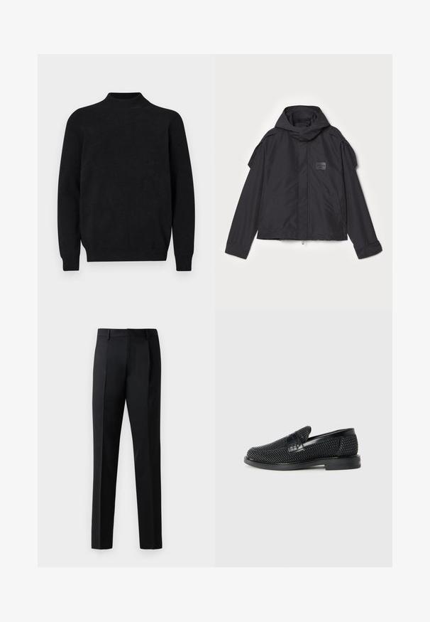 Musthaveheide mustaghuri hoodiga, valge catsosta. Omab esist zip ja külge taskud, õlavarre aksendid. Lihtne disain ja silt.; Must mustriga kõrge kaelusega, pikad varrukad ja sooniline tekstuur. Lihtne, ühtlane disain, millel on mugav lõige ja ilma nähtavate mustriteta.; Mustad mustad formal püksid sileda kanga, sirge jala disainiga, ees volditud ning tavalise vöökoha ilma kaunistusteta.; Must musta kootud slip-on king, millel on pehme nahast accent ülaserval, ümmargune varvas ja madal profiiliga kummitald.