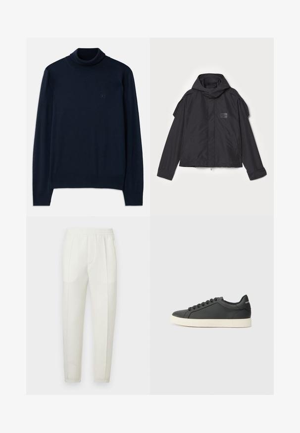 Fekete kapucnis dzseki, sima anyagból készült. Elöl zipzárral záródik, oldalsó zsebekkel és vállrész kiemelésekkel rendelkezik. Egyszerű dizájn jellemzi, címkével.; Dsquared2 TURTLE NECK - Pulóver - navy blue; Fehér, karcsúsított nadrág elasztikus derékpánthoz, két oldalzsebbel és sima, enyhén fényes anyaggal.; Fekete bőr sportcipő alacsony profilú, lekerekített orral és fűzős záródással; texturált gumitalppal és logó részlettel a saroknál.