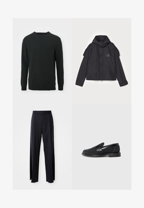 Fekete kapucnis dzseki, sima anyagból készült. Elöl zipzárral záródik, oldalsó zsebekkel és vállrész kiemelésekkel rendelkezik. Egyszerű dizájn jellemzi, címkével.; NN.07 LEE - Pulóver - black; Fekete, magasan ültetett nadrág, széles szárai vannak, sima anyagból készült. Elülső redők és övhurkok jellemzik. Minimalista dizájn, látható fémalkatrészek nélkül.; Fekete szőtt slip-on cipő sima bőr díszítéssel a felsőrészen, kerek orral és alacsony profilos gumitalppal.