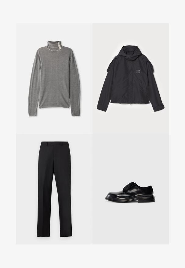 Juodas švarkas su kapišonu, pagamintas iš lygios medžiagos. Yra užtrauktukas priekyje, šoninės kišenės ir pečių akcentai. Paprastas dizainas su etikete.; Pilkas dryžuotas megztinis su aukšta apykakle ir ilgomis rankovėmis. Audinys yra minkštos tekstūros. Ypatumai: aukšta apykaklė ir matomi siūlų akcentai.; Juodos, tiesios kojų kelnės iš lygaus audinio. Turi standartinę juosmens juostą ir neturi matomų raštų ar akcentų.; Juodas odinis batų modelis su apvalia nosimi, lygia apdaila, raišteliu surišimu ir sudėtingu kulnu. Minimalistinis stilius be išorinių logotipų.