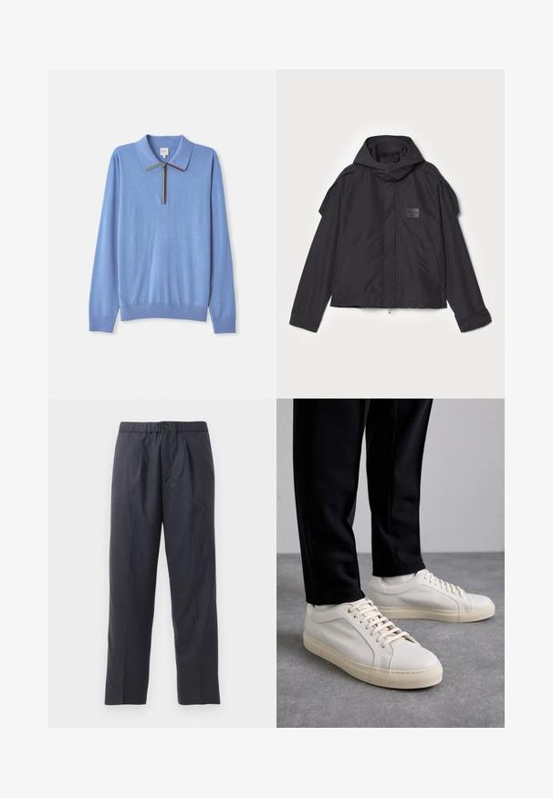 Juodas švarkas su kapišonu, pagamintas iš lygios medžiagos. Yra užtrauktukas priekyje, šoninės kišenės ir pečių akcentai. Paprastas dizainas su etikete.; Šviesiai mėlynas megztinis su ilgomis rankovėmis, apykakle ir užtrauktuku, papuoštas daugiaspalve juostele aplink apykaklę.; Tamsiai mėlynos kelnės, pagamintos iš švelnios medžiagos, su klostėtu priekiu ir elastingu juosmeniu. Yra mygtuko užtrauktukas ir tiesios išklikimo pjūvis.; Šviesūs smėlio spalvos odiniai sportbačiai su plokščiomis raišteliais, tekstūruotu paviršiumi ir kontrastinga kreminės spalvos gumine padu, derinami su juodomis siaurėjančiomis kelnėmis.