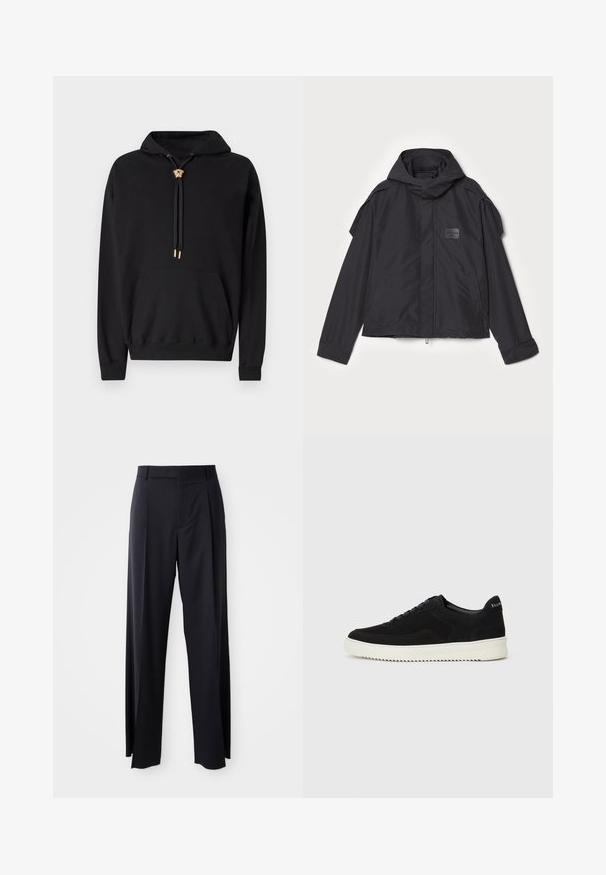 Juodas švarkas su kapišonu, pagamintas iš lygios medžiagos. Yra užtrauktukas priekyje, šoninės kišenės ir pečių akcentai. Paprastas dizainas su etikete.; Juodas gobtuvėlis, pagamintas iš medvilnės, su priekiu kišene, su auksiniu liūto galvos akcentu ant raištelių ir logotipo emblema ant krūtinės.; Juodi, aukštai užtraukiami kelnių modeliai su plačiomis kojomis, pagaminti iš lygaus audinio. Yra priekiniai raukšlės ir diržo kilpos. Minimalistinio dizaino, be matomų detalių.; Juodos veliūrinės sportinės bateliai su raištelių dizainu ir kontrastinga balta gumine padais. Yra tekstūruoti šoniniai skydeliai ir subtilus logotipas ant kulno.