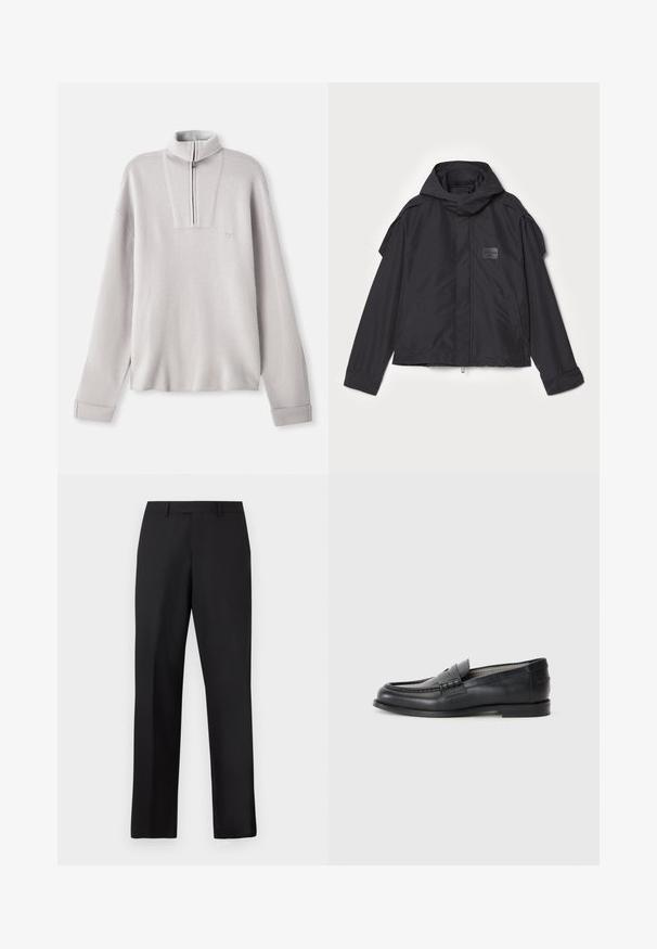 Čierna bunda s kapucňou, vyrobená z hladkej tkaniny. Obsahuje predný zips, bočné vrecká a ramenné akcenty. Jednoduchý dizajn so štítkom.; Svetlo šedý flísový pulover s polovičným zipsom, dlhými rukávmi a malým logom na hrudi. Mäkká textúra a uvoľnený strih.; Čierne nohavice s rovnými nohavicami vyrobené z hladkej látky. Majú štandardný pás a žiadne viditeľné vzory alebo ozdoby.; Čierne kožené mokasíny s hladkým povrchom, oválnou špičkou, dekoratívnym pásikom a minimalistickým dizajnom. Majú nízky blokový podpätok.