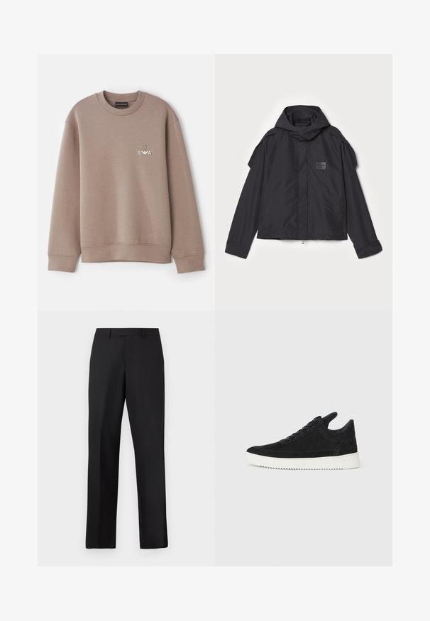 Fekete kapucnis dzseki, sima anyagból készült. Elöl zipzárral záródik, oldalsó zsebekkel és vállrész kiemelésekkel rendelkezik. Egyszerű dizájn jellemzi, címkével.; Barna pulóver puha anyagból. Kerek nyakkivágással és bordázott mandzsettákkal rendelkezik. Díszes "EVA" logó található a mellkasán, felette egy emblémával.; Fekete, egyenes szárú nadrág sima anyagból. Standard derékpánttal rendelkezik, és nincsenek látható minták vagy díszítések.; Fekete nubuk sportcipő fehér gumitalppal, tónusos varrással és fűzős kialakítással. Simák a textúrája, modern, letisztult formával rendelkezik.