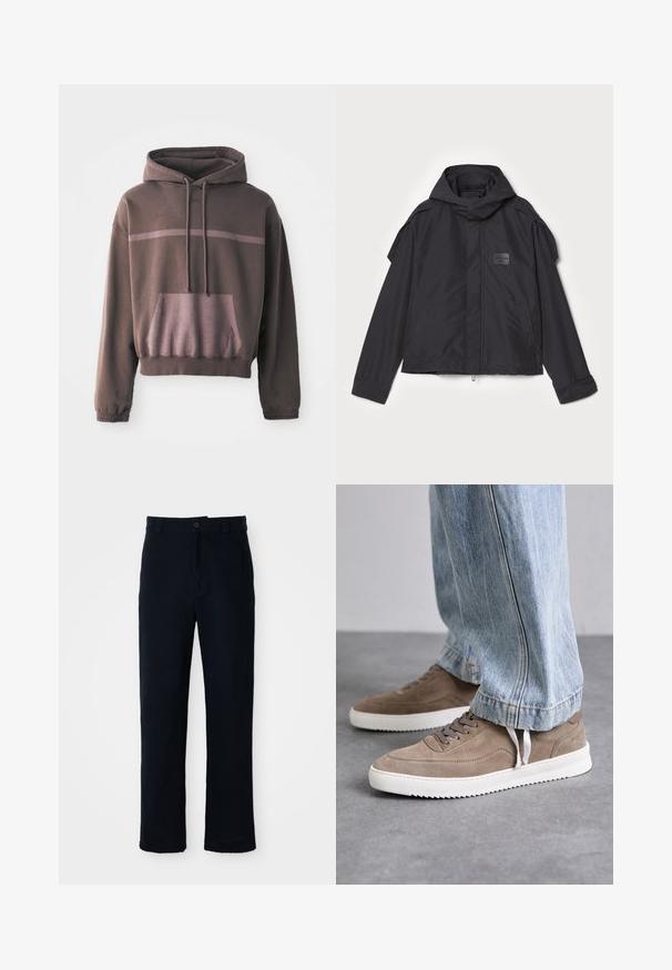 Melna jaka ar kapuci, izgatavota no gludas auduma. Aprīkota ar rāvējslēdzēju priekšā, sānu kabatām un plecu akcentiem. Vienkāršs dizains ar etiķeti.; Īsām piedurknēm, pārāk liela džemperi tumši brūnā krāsā ar gradienta gaismas brūnas svītras, priekšējā kabata un saistvadu kapuce. Mīksta kokvilnas maisījuma audums.; Kokvilnas tumši zilas bikses ar taisnu kāju dizainu, priekšējo pogu aizdari un klasisku jostasvietu ar jostas cilpiņām.; Brūni zamšādas treneri ar baltām gumijas zolitēm, ar apaļām auklēm un zemu profilu. Džinsi daļēji sedz apavus.