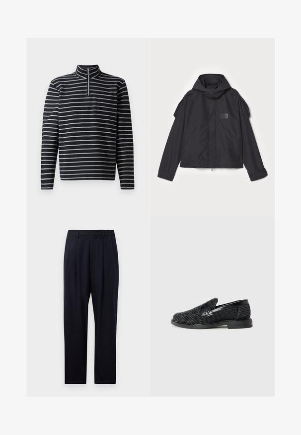 Czarna kurtka z kapturem, wykonana z gładkiego materiału. Posiada zamek z przodu, boczne kieszenie i akcenty na ramionach. Prosty design z metką.; Granatowy i szary w paski długi rękaw pulower z kołnierzem na pół-zamek i kieszenią na piersi, wykonany z teksturowanej tkaniny.; Granatowe spodnie o prostym kroju, wykonane z teksturowanej tkaniny, z dwoma fałdami z przodu, szlufkami na pasek i zapięciem na zamek błyskawiczny.; Czarny, pleciony but wsuwany z gładkim skórzanym akcentem na cholewce, o okrągłym nosku i niskoprofilowej gumowej podeszwie.