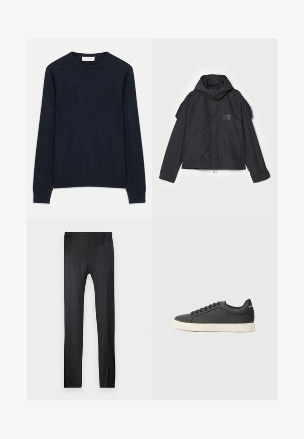 Juodas švarkas su kapišonu, pagamintas iš lygios medžiagos. Yra užtrauktukas priekyje, šoninės kišenės ir pečių akcentai. Paprastas dizainas su etikete.; Tamsiai mėlynas džemperis su apvalia iškirpte, pagamintas iš švelnios medžiagos. Turi ilgas rankoves bei galuose ir apačioje iškanalintus kraštus. Paprastas, vienspalvis, be raštų.; Emporio Armani TROUSER - Kelnės - nero; Juodos odinės sportinės bateliai su žemu profiliu, apvaliu pirštu ir raištelių uždarymu; turi tekstūruotą guminį padą ir logotipo detalę ant kulno.