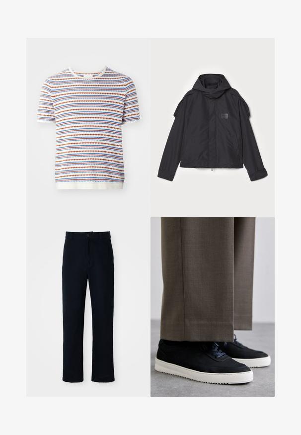 Czarna kurtka z kapturem, wykonana z gładkiego materiału. Posiada zamek z przodu, boczne kieszenie i akcenty na ramionach. Prosty design z metką.; Sweter z krótkim rękawem w kolorze białym z poziomymi paskami w kolorach czerwonym, niebieskim i pomarańczowym, z ribbowanym dekoltem i teksturowanym splotem.; Granatowe spodnie wykonane z bawełny, z prostą nogawką, z zapięciem na guziki z przodu oraz klasycznym pasem z pętelkami na pasek.; Czarne zamszowe sneakersy z białymi gumowymi podeszwami, z zaokrąglonym noskiem i sznurówkami, noszone z szarymi dopasowanymi spodniami.