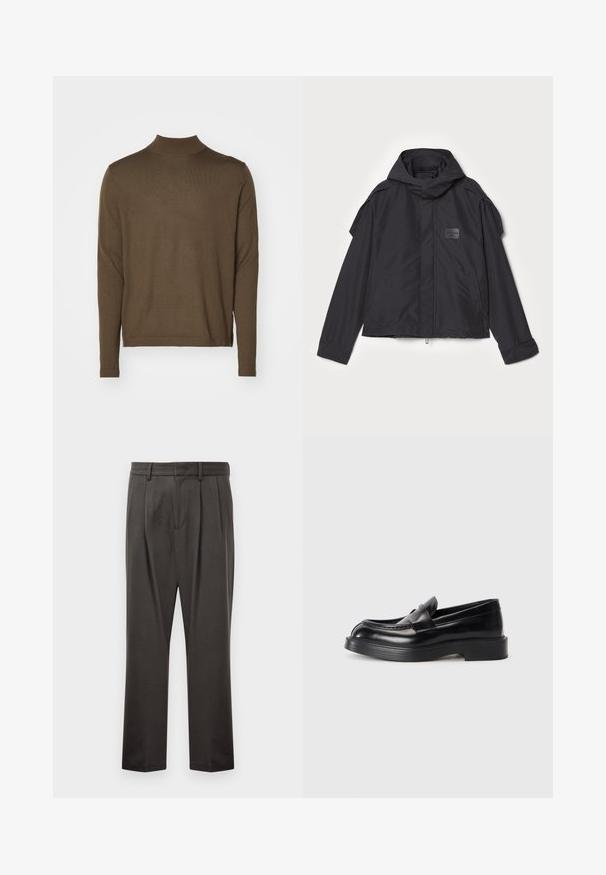 Fekete kapucnis dzseki, sima anyagból készült. Elöl zipzárral záródik, oldalsó zsebekkel és vállrész kiemelésekkel rendelkezik. Egyszerű dizájn jellemzi, címkével.; Tiger of Sweden TERN - Pulóver - green; Sötét szürke nadrág, textúrált anyagból készült, sima elejű, redőzött, egyenes lábakkal és övhurkokkal. Nincs látható fémalkatrész vagy minta.; Fekete bőr lóférgek lekerekített orral, a felsőrészen varrott mintázattal és vastag gumitalppal. Simább textúra minimális díszítésekkel.