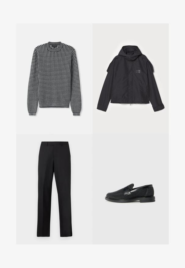 Fekete kapucnis dzseki, sima anyagból készült. Elöl zipzárral záródik, oldalsó zsebekkel és vállrész kiemelésekkel rendelkezik. Egyszerű dizájn jellemzi, címkével.; Fekete-fehér mintás pulóver kerek nyakkivágással, hosszú ujjal és bordázott mandzsettával. A textúra kötöttnek tűnik, geometrikus mintázattal.; Fekete, egyenes szárú nadrág sima anyagból. Standard derékpánttal rendelkezik, és nincsenek látható minták vagy díszítések.; Fekete szőtt slip-on cipő sima bőr díszítéssel a felsőrészen, kerek orral és alacsony profilos gumitalppal.