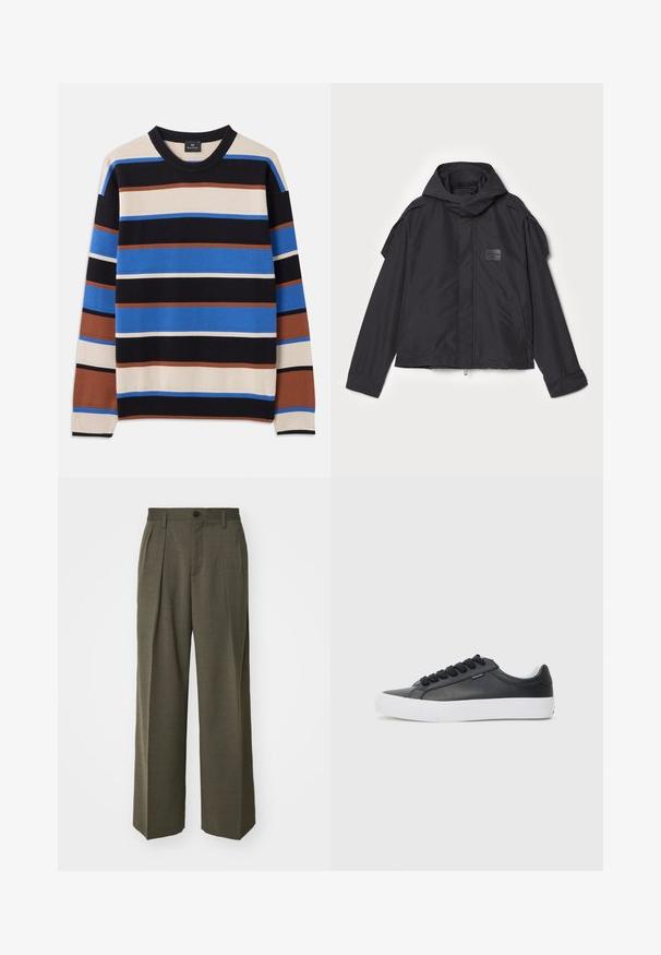 Juodas švarkas su kapišonu, pagamintas iš lygios medžiagos. Yra užtrauktukas priekyje, šoninės kišenės ir pečių akcentai. Paprastas dizainas su etikete.; Megztinis su horizontaliais raštais mėlynos, juodos, smėlio ir rudos spalvų, su išrišimu apykaklėje ir rankogaliais. Vidutinio svorio tekstūra.; Filippa K WIDE TROUSERS - Kelnės - driftwood; Juodas odinis sportinių batelių modelis su baltu guminio pado, apvaliu pirštu ir juodais raišteliais, pasižymintis lygiu paviršiumi ir minimalistiniu dizainu.