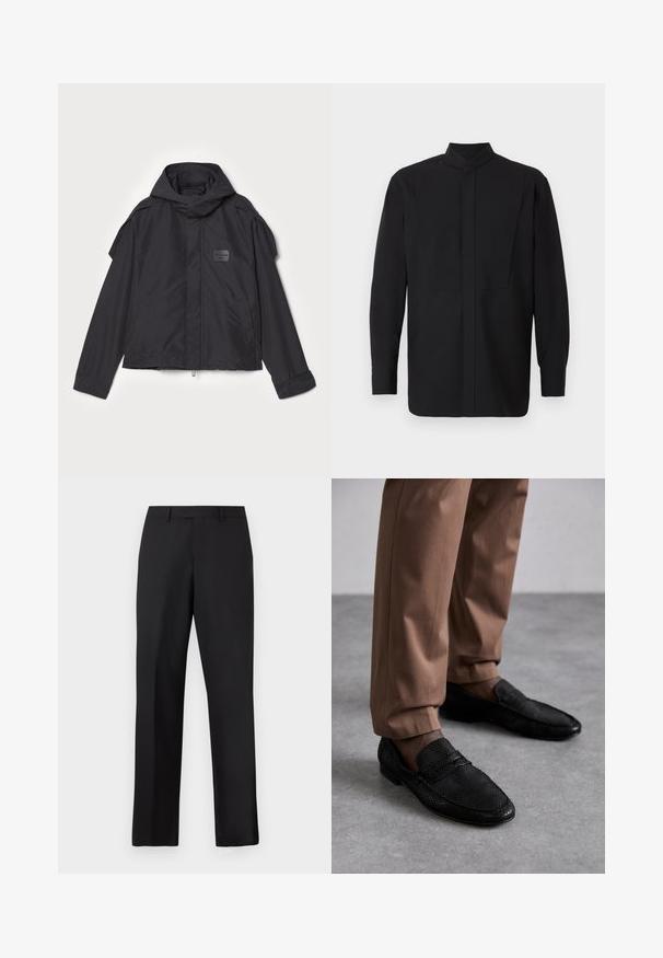 Juodas švarkas su kapišonu, pagamintas iš lygios medžiagos. Yra užtrauktukas priekyje, šoninės kišenės ir pečių akcentai. Paprastas dizainas su etikete.; Juoda ilgomis rankovėmis marškinėliai su aukštu apykakle, tiesaus kirpimo ir minimalistinio dizaino. Audinys atrodo lygus ir struktūruotas.; Juodos, tiesios kojų kelnės iš lygaus audinio. Turi standartinę juosmens juostą ir neturi matomų raštų ar akcentų.; Juodi loaferiai su tekstūruota forma, suapvalintu pirštu ir žemu profiliu. Dėvimi su tan spalvos kelnėmis ant pilkos paviršiaus.