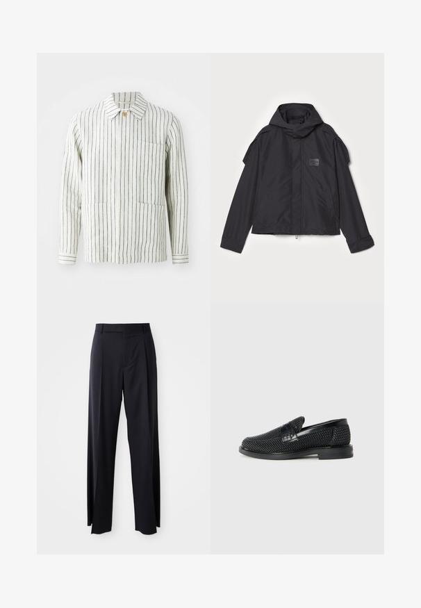 Sort jakke med hætte, lavet af glat stof. Har lynlåslukning foran, sidelommer og skulderdetaljer. Simpel design med et mærke.; Stribet jakke i creme og marineblå, lavet af letvægtsstof. Har en krave, knaplukning og to frontlommer.; Sorte, højtaljede bukser med vide ben, lavet af glat stof. Har frontfolder og bæltestropper. Minimalistisk design, ingen synlige hårde detaljer.; Sort vævet slip-on sko med en glat læderdetalje på overdelen, en rund tådesign og en lavprofil gummisål.