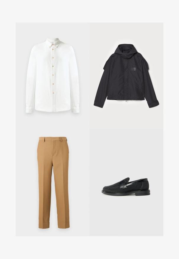 Black jacket with a hood, made of smooth fabric. Features a zip front, side pockets, and shoulder accents. Simple design with a label.; White long-sleeve button-up shirt made of soft fabric, featuring a classic collar, a row of round brown buttons, and buttoned cuffs.; Beige dress pants made of woven fabric, featuring a straight cut, flat front, and belt loops. Smooth texture with no visible patterns.; Black woven slip-on shoe with a smooth leather accent on the upper, a round toe design, and a low-profile rubber sole.