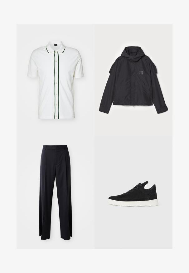 Schwarze Jacke mit Kapuze, aus glattem Stoff. Verfügt über einen Reißverschluss vorne, seitliche Taschen und Schulterakzente. Einfaches Design mit einem Etikett.; Weißes Poloshirt mit kurzen Ärmeln, grüner Besatz am Kragen und der Knopfleiste sowie cremefarbenen Knöpfen, hergestellt aus einem glatten Stoff.; Schwarze, hoch taillierte Hose mit weitem Bein, aus glattem Stoff. Verfügt über vorne gelegte Falten und Gürtelschlaufen. Minimalistisches Design, ohne sichtbare Beschläge.; Schwarze Wildleder-Sneaker mit einer weißen Gummisohle, die sich durch elegante Nähte und ein schnürbares Design auszeichnen. Glatte Textur mit einer modernen, stromlinienförmigen Form.