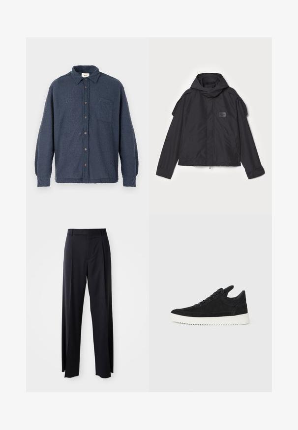Černá bunda s kapucí, vyrobená z hladké tkaniny. Obsahuje zapínání na zip vpředu, boční kapsy a akcenty na ramenou. Jednoduchý design s štítkem.; Námořnicky modrá fleecová košile s strukturovaným povrchem, zapínáním na knoflíky vpředu, límcem a náprsní kapsou. Má hnědé knoflíky a dlouhé rukávy.; Černé kalhoty s vysokým pasem a širokým střihem, vyrobené z hladké látky. Mají přední sklady a poutka na opasek. Minimalistický design, bez viditelného kovového hardwaru.; Černé semišové tenisky s bílou gumovou podrážkou, s tónovým prošitím a šněrováním. Hladký povrch s moderním, aerodynamickým tvarem.