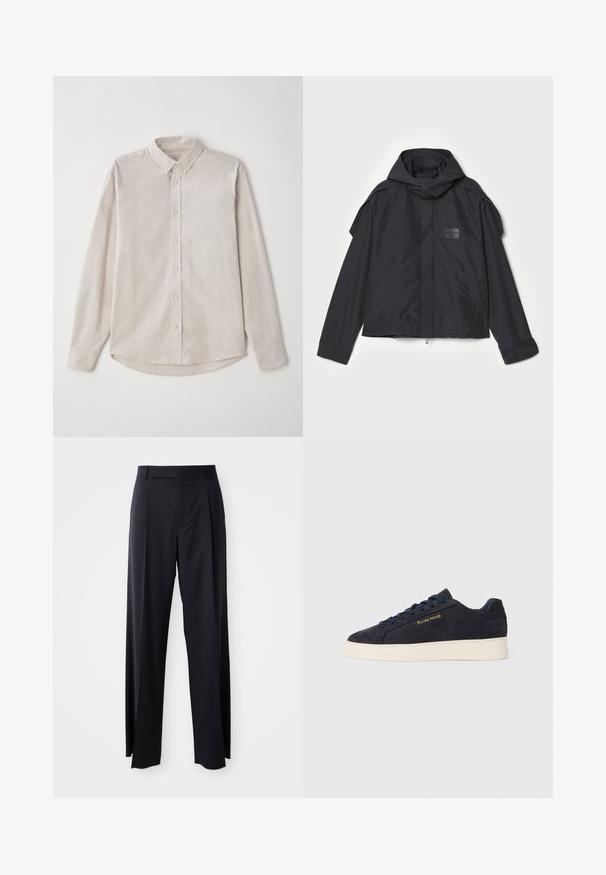 Juodas švarkas su kapišonu, pagamintas iš lygios medžiagos. Yra užtrauktukas priekyje, šoninės kišenės ir pečių akcentai. Paprastas dizainas su etikete.; Šviesiai ruda ilgomis rankovėmis marškinėliai, pagaminti iš minkštos medžiagos. Su mygtukų užsegimu ant apykaklės ir centriniu mygtukų užsegimu, turinčiu lenktą apatinę dalį.; Juodi, aukštai užtraukiami kelnių modeliai su plačiomis kojomis, pagaminti iš lygaus audinio. Yra priekiniai raukšlės ir diržo kilpos. Minimalistinio dizaino, be matomų detalių.; Tamsiai mėlynos zomšos žemos batai su balta siaura, tamsiai mėlynais raišteliais ir auksiniu logotipu „Filling Pieces“ šone.