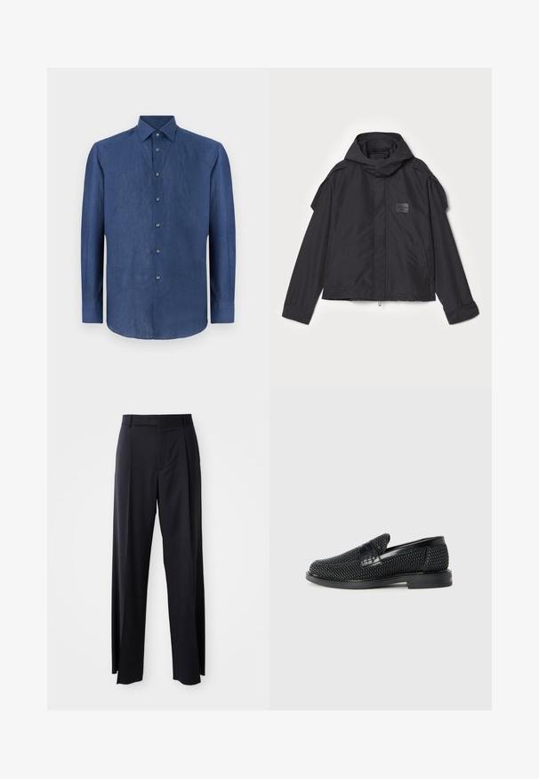 Jachetă neagră cu glugă, fabricată dintr-un material neted. Dispune de fermoar frontal, buzunare laterale și accente pe umeri. Design simplu cu etichetă.; Cămașă lungă, de culoare albastru închis, confecționată dintr-un material ușor texturat. Prezintă un guler clasic și șase nasturi pe față.; Pantaloni negri, cu talie înaltă și croi evazat, dintr-un material fin. Prezintă pliseuri frontale și buzunare cu curea. Design minimalist, fără accesorii vizibile.; Pantofii negri din material textil, cu accent din piele netedă pe partea superioară, design cu vârf rotund și talpă din cauciuc de profil redus.