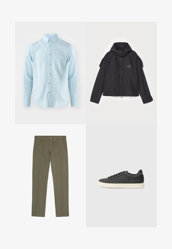 Mustatakki hupulla, valmistettu sileästä kankaasta. Ominaisuuksiin kuuluu vetoketjukiinnitys edessä, sivutaskut ja olkakorostukset. Yksinkertainen muotoilu, jossa on etiketti.; Vaaleansininen pitkähihainen paita, joka on valmistettu teksturoidusta kankaasta. Paidassa on nappikaulus, edessä napit ja yksi rintatasku.; NN.07 THEO - Chinot - capers; Musta nahkakenkä, jossa on matala profiili, pyöreä kärki ja nauhakiinnitys; siinä on tekstiilipohja ja logoyksityiskohta kantapäässä.